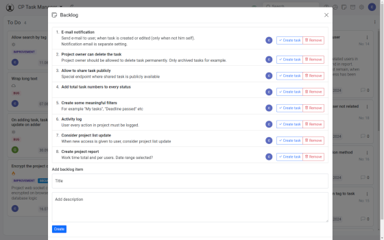 Future tasks and backlog